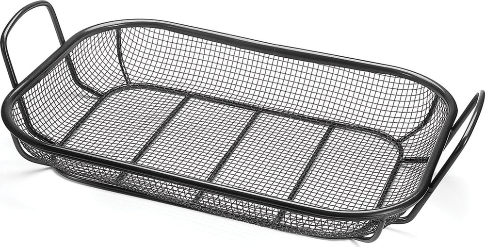 Outset mesh roasting pan front view showing non-stick finish and handles for easy transfer