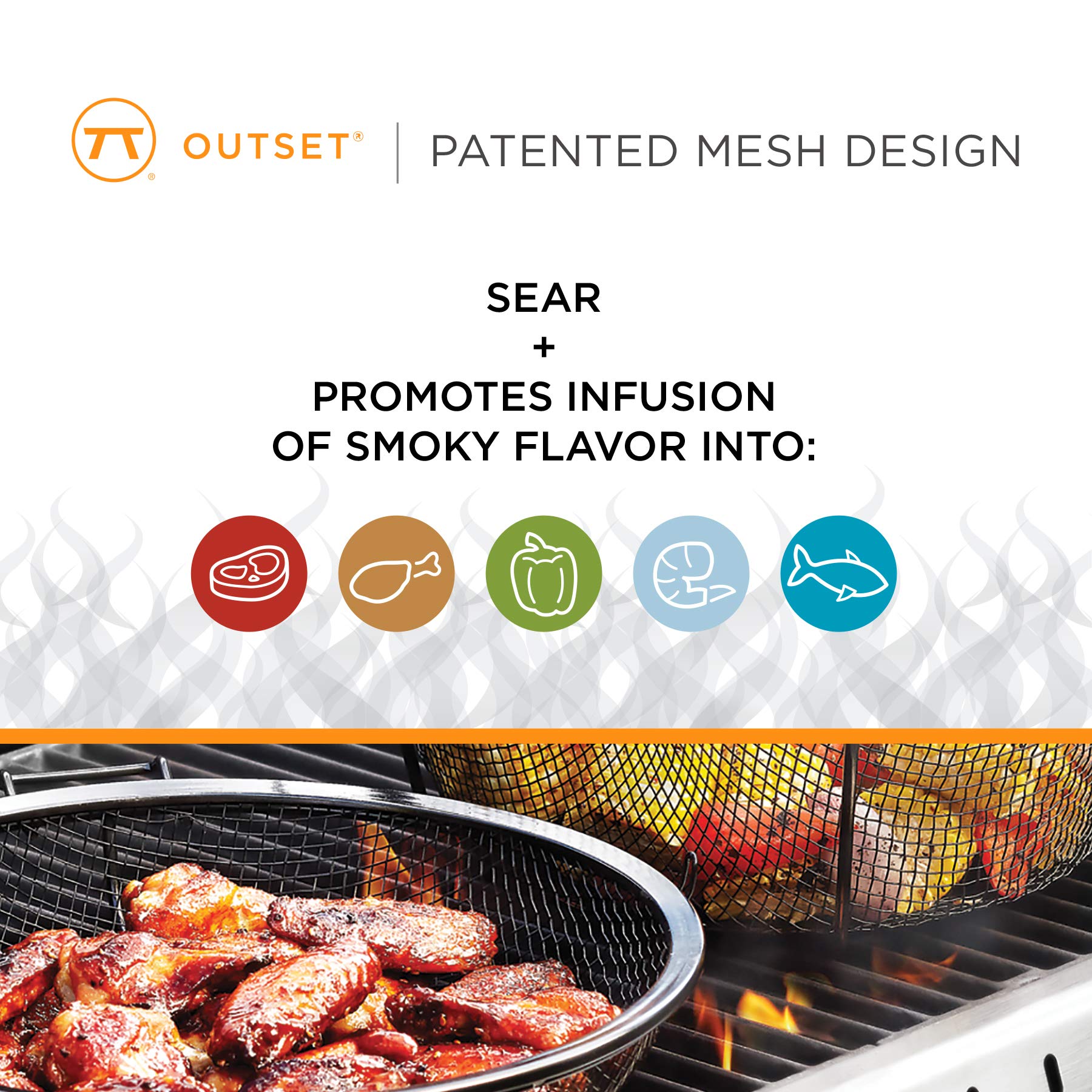 Outset roasting pan in use on a grill with vegetables, demonstrating even browning and smoke infusion