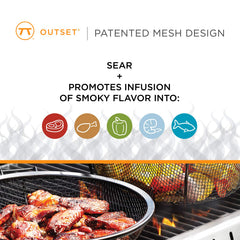 Outset roasting pan in use on a grill with vegetables, demonstrating even browning and smoke infusion