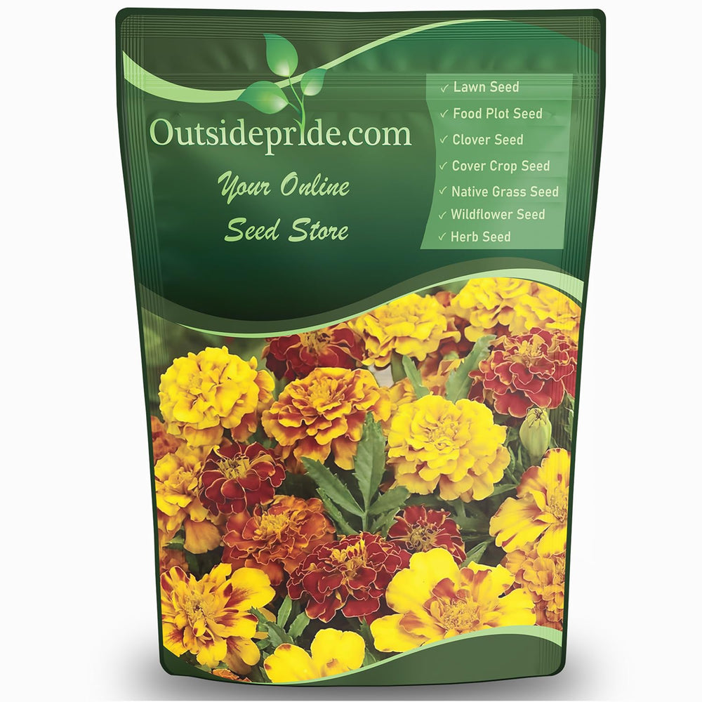 Outsidepride front packaging showing 1 lb marigold seed mix and clear benefits