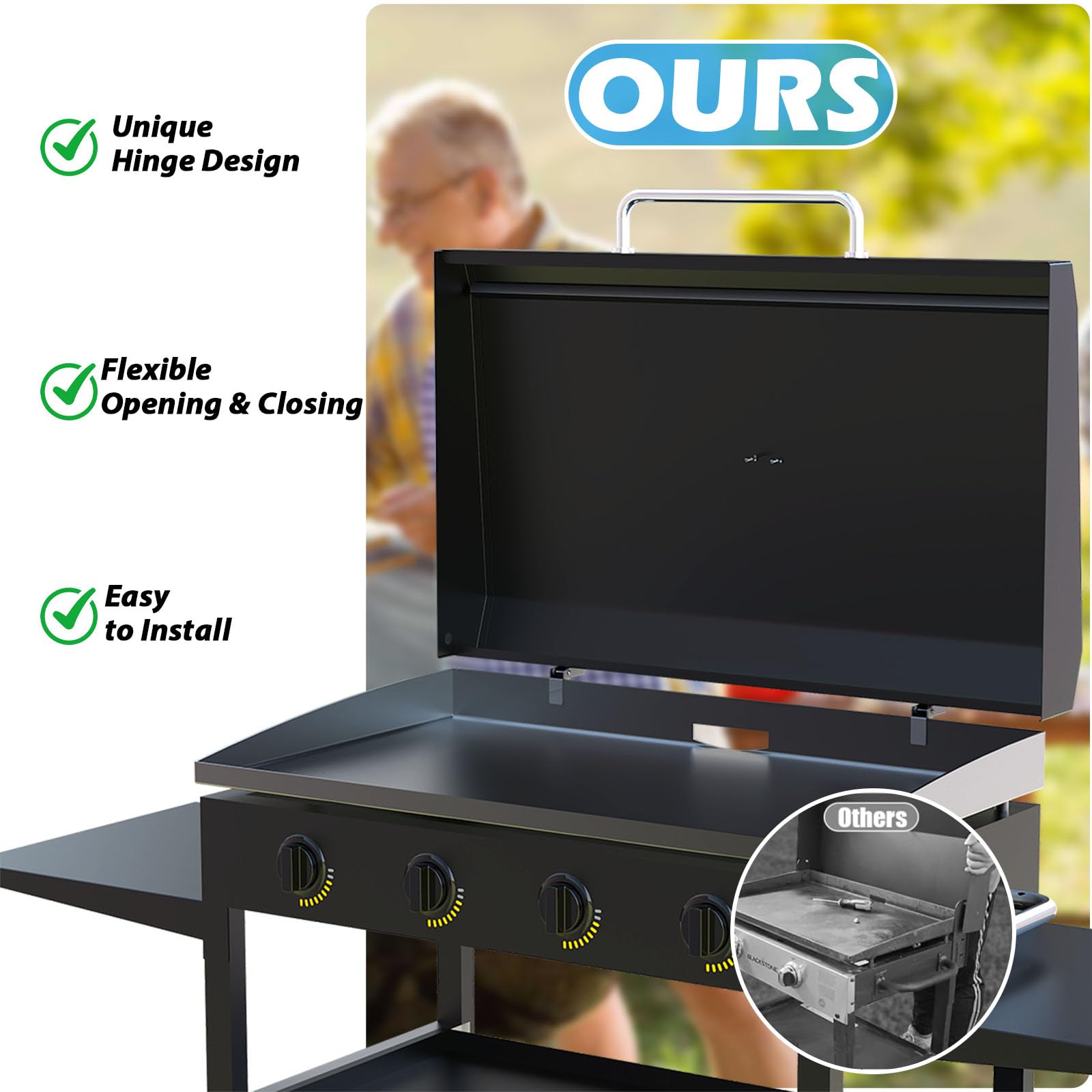 Outspark hood next to griddle for size and scale comparison ensuring proper fit benefit