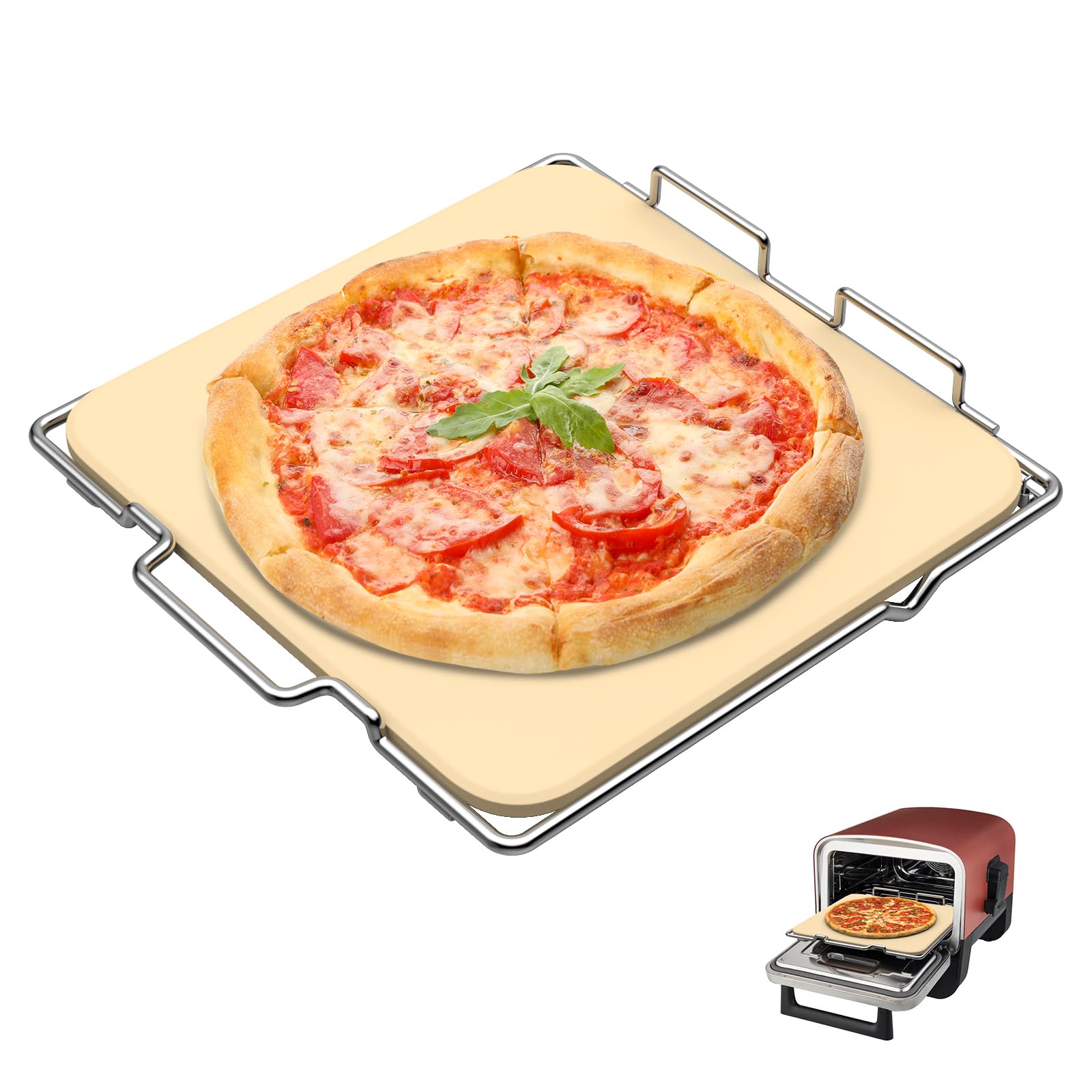 Outspark front view of pizza stone showing fit and sturdy rack benefit