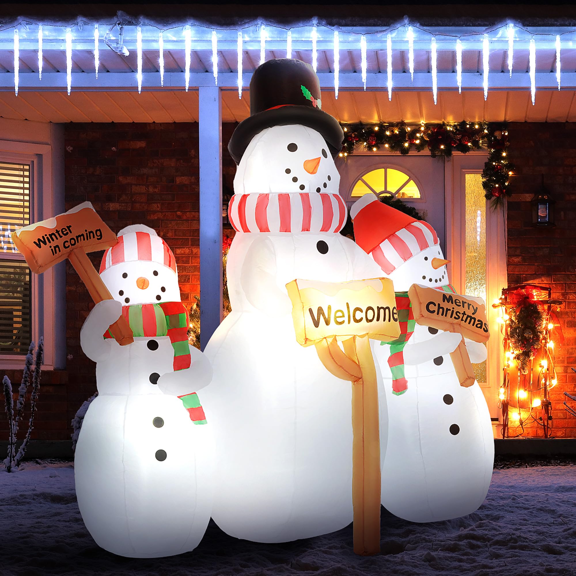 Outsunny close-up of snowmen signs highlighting readable holiday messages