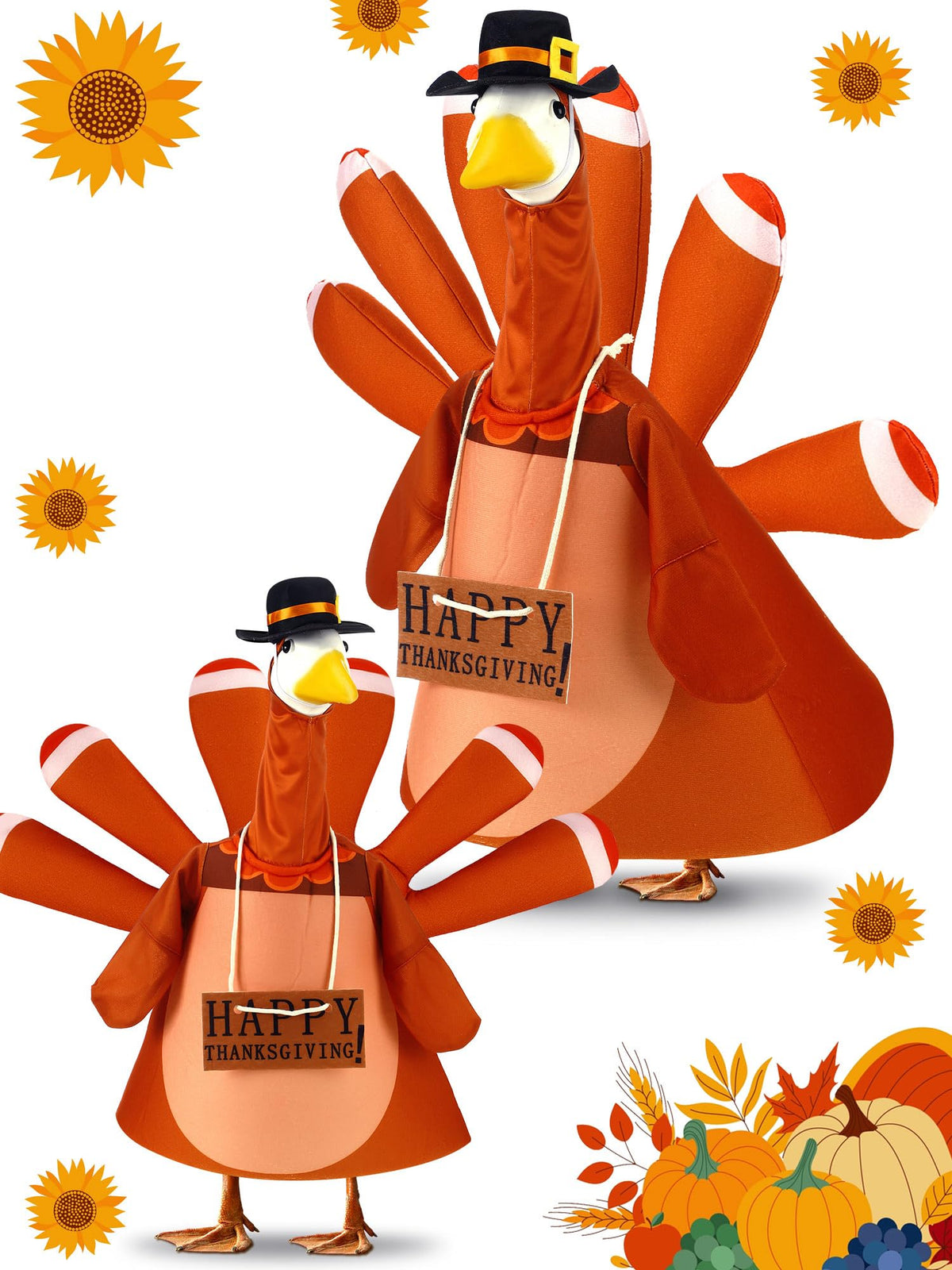 Outus branded goose front view wearing turkey costume, cheerful seasonal curb appeal