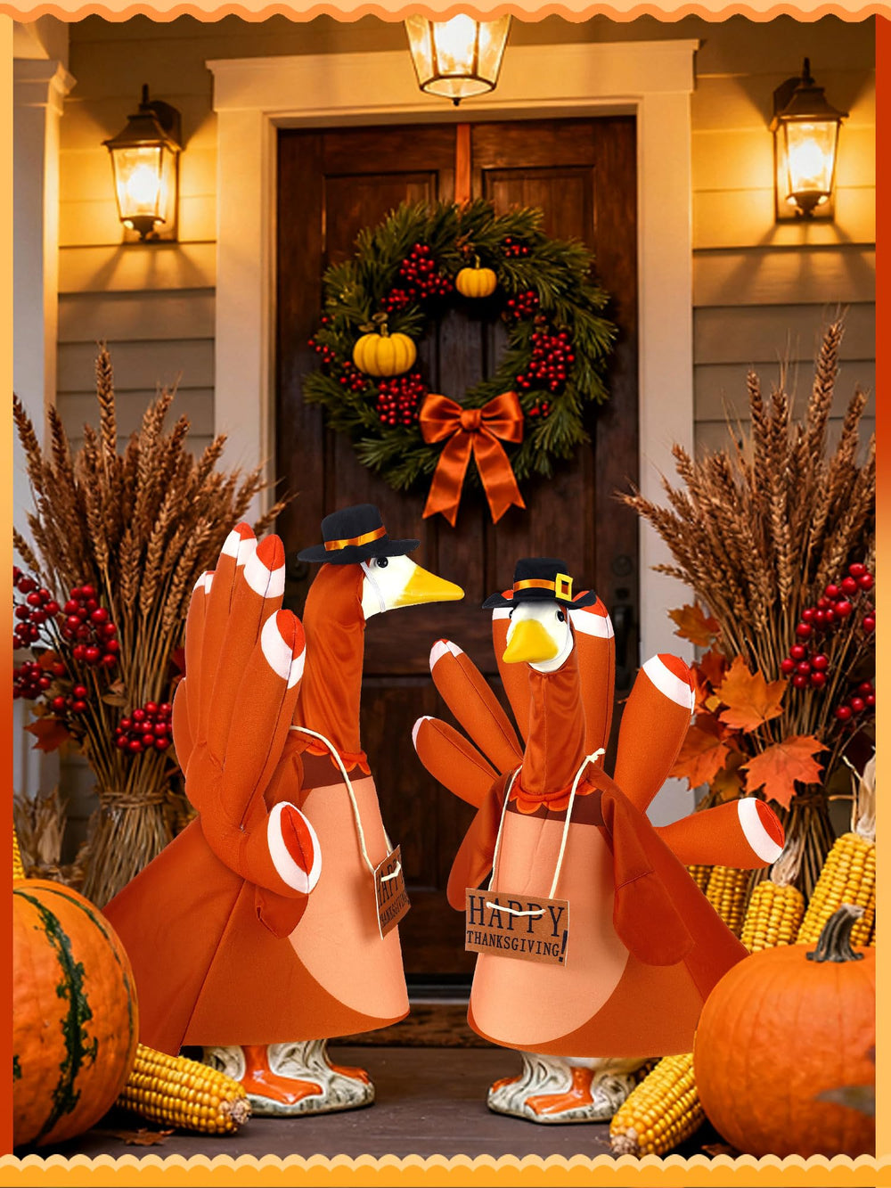 Outus goose with coordinating hanging wooden sign on porch to welcome guests