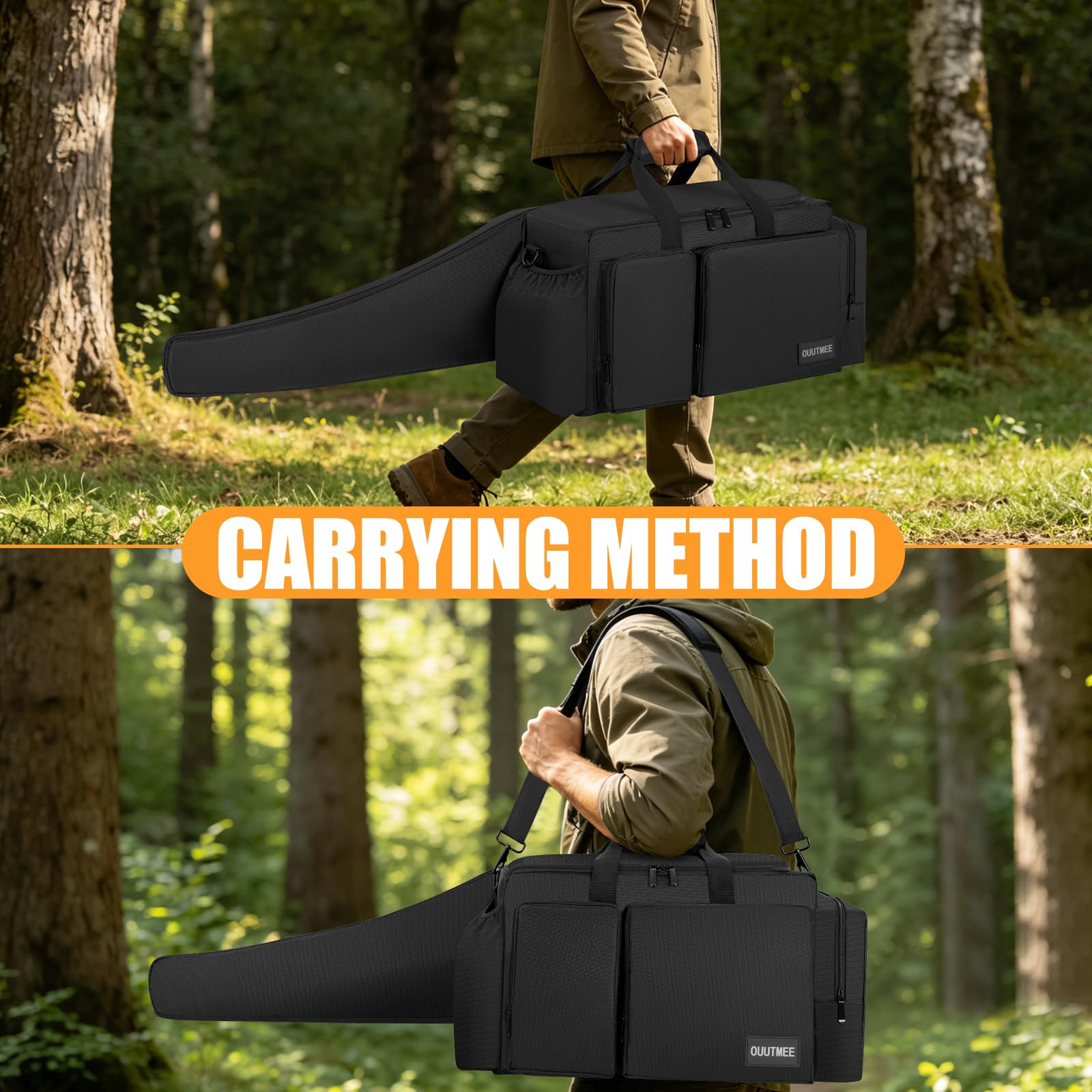 OUUTMEE bag beside a 20" bar illustrating fit for common cordless chainsaws