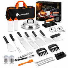 Overmont front packaging showing complete 31-piece griddle kit and gift-ready box