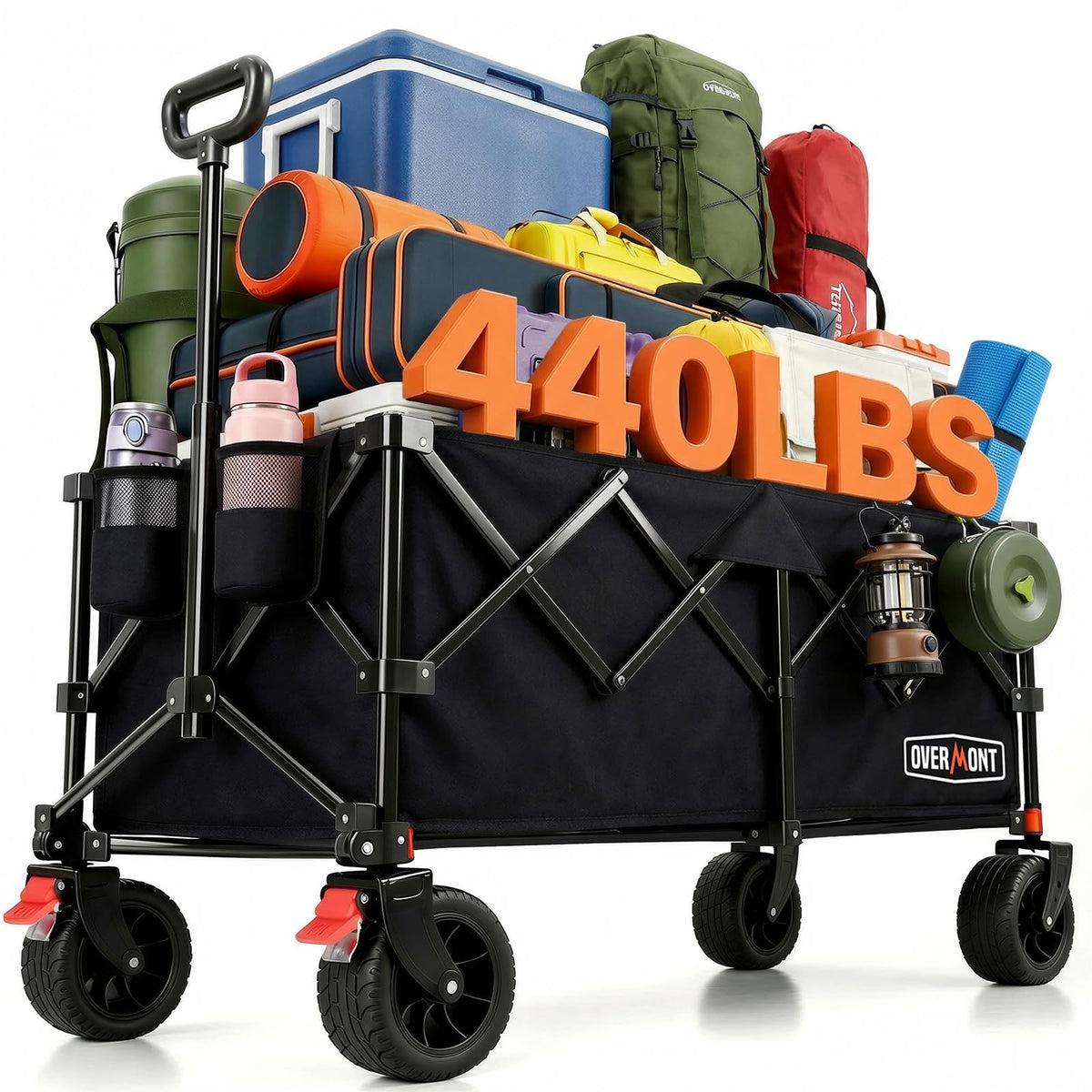Overmont front view expanded showing roomy load area and portability