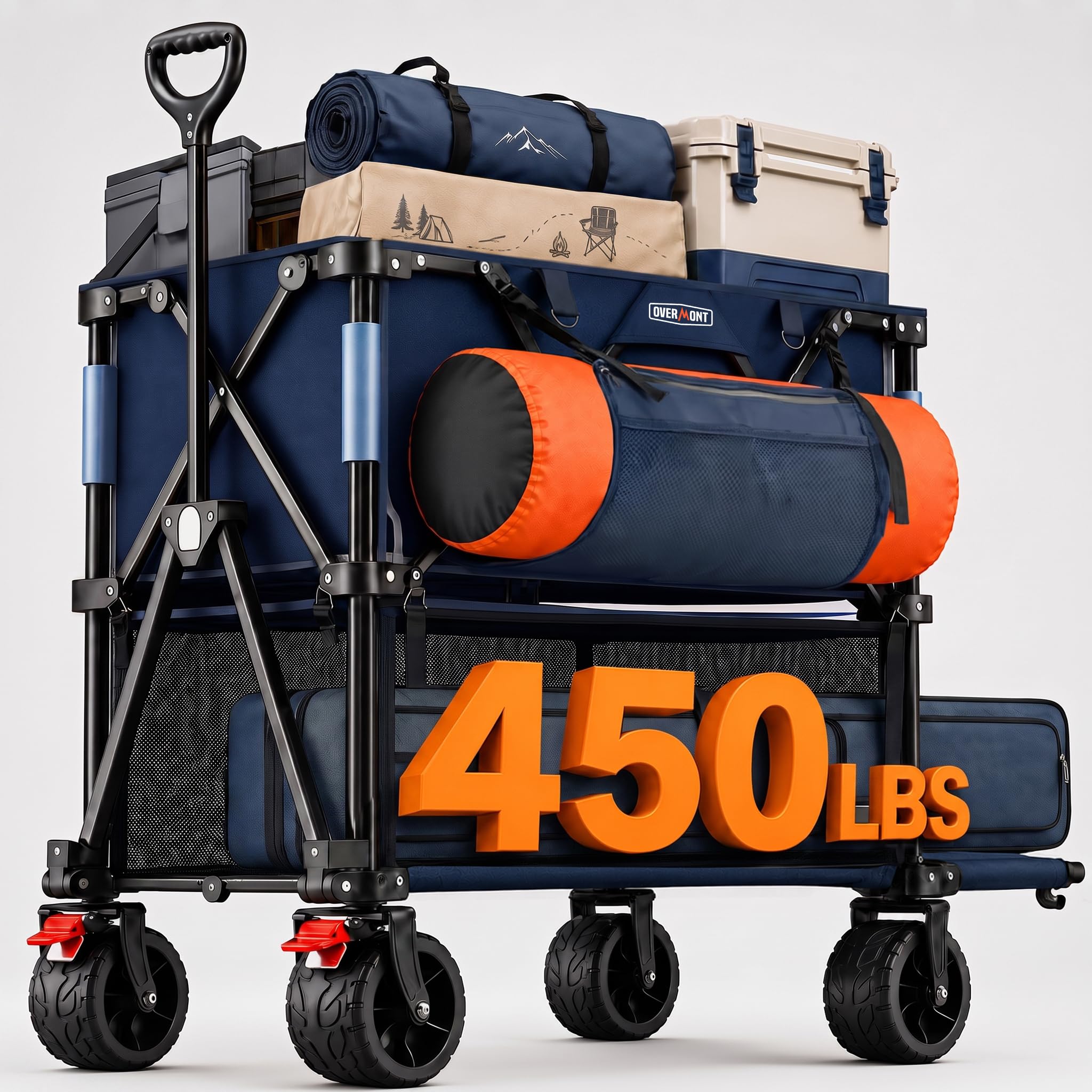 Overmont front view full open showing spacious load area and sturdy frame for hauling