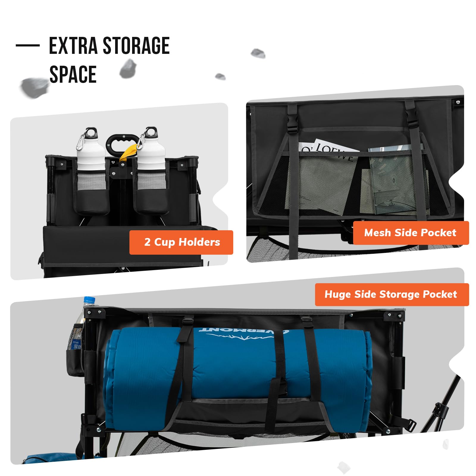 Overmont side pocket and cup holder close-up keeping items secure and reachable
