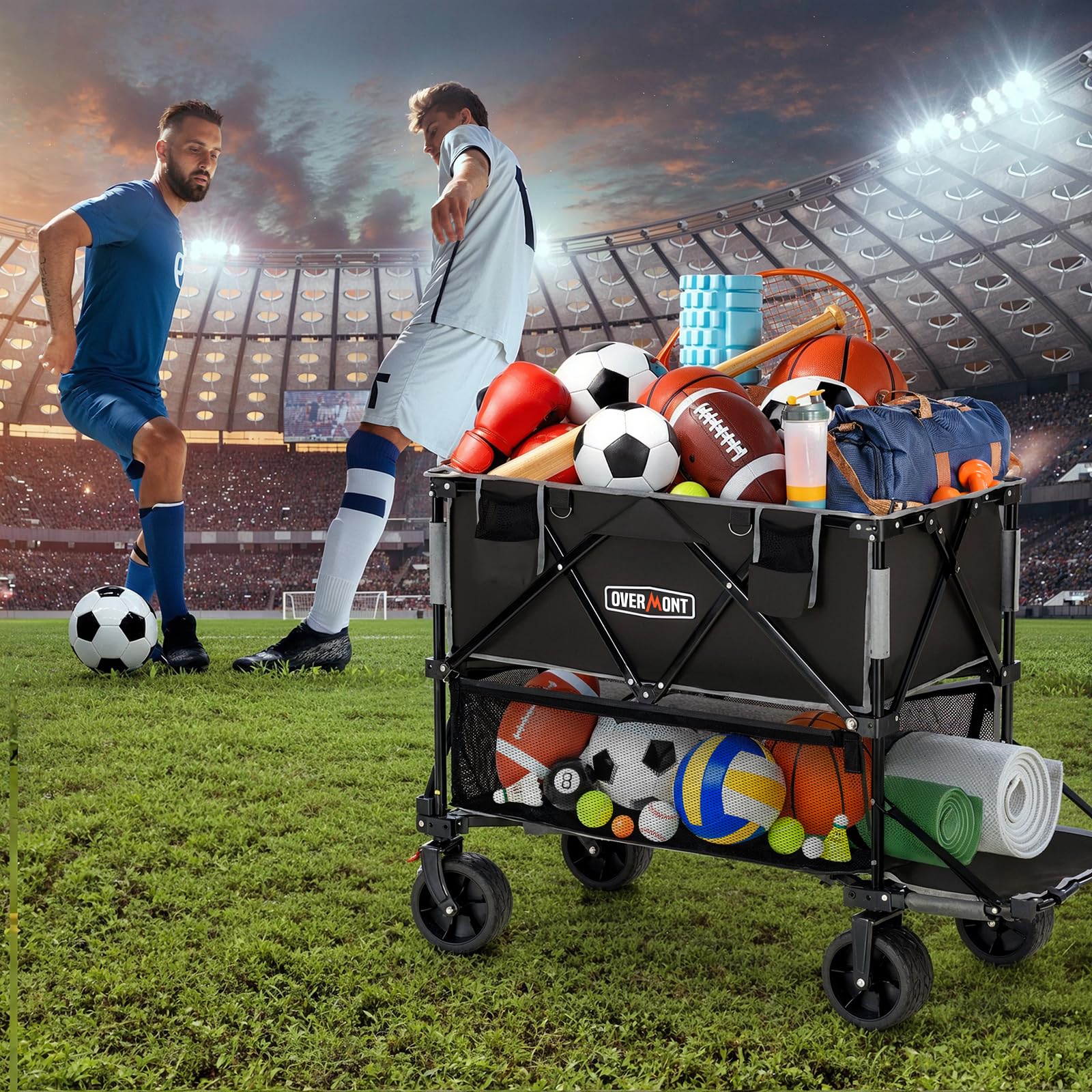 Overmont wagon in use at campsite hauling coolers and chairs for convenience