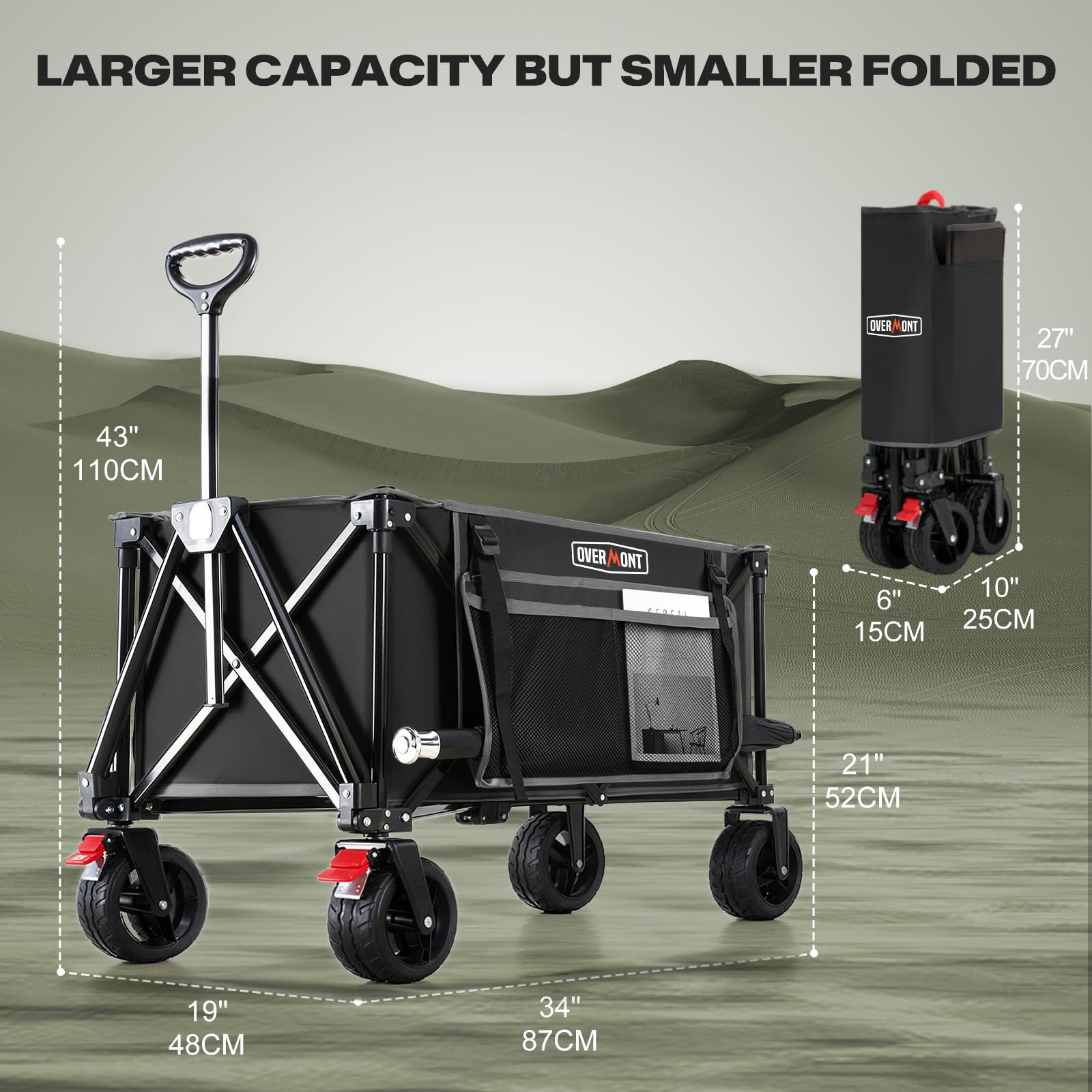 Overmont wagon in use at campsite hauling tents and supplies