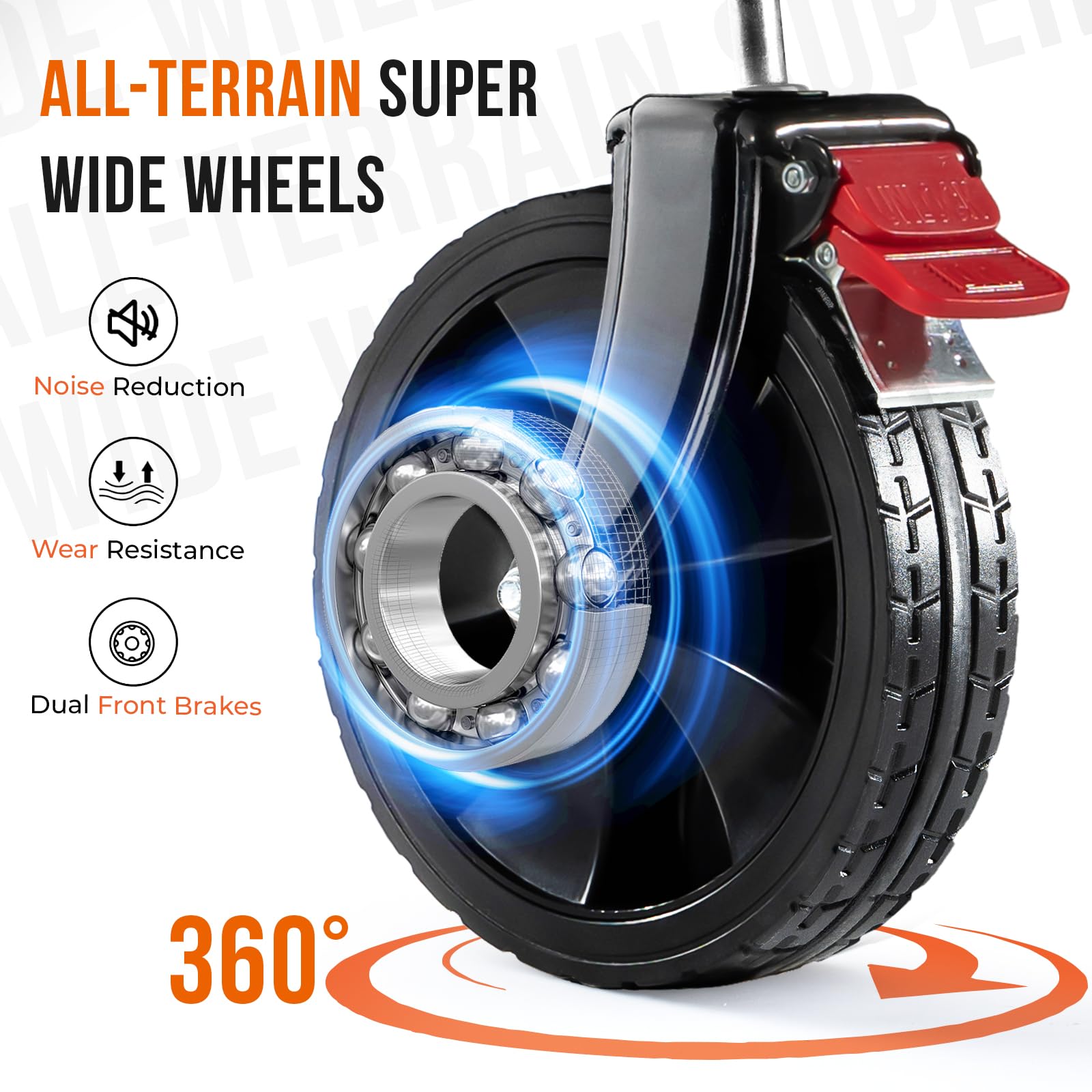 Overmont front wheel with brake and swivel for secure stops