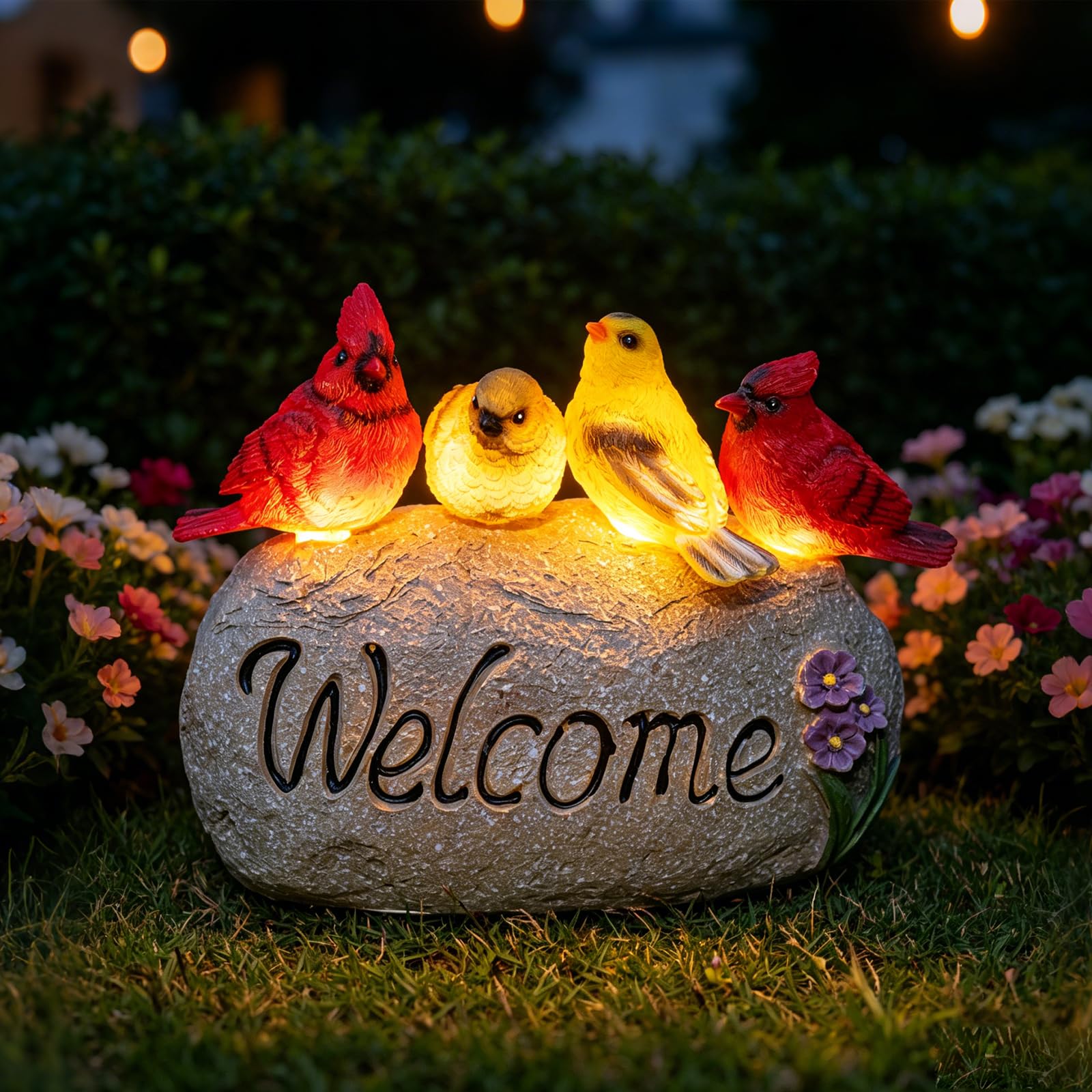 Ovewios front view of welcome stone showing colorful birds and greeting