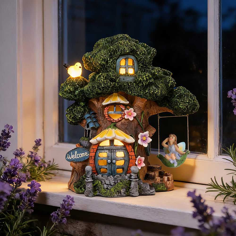 Ovewios fairy house glowing at night creating cozy atmosphere