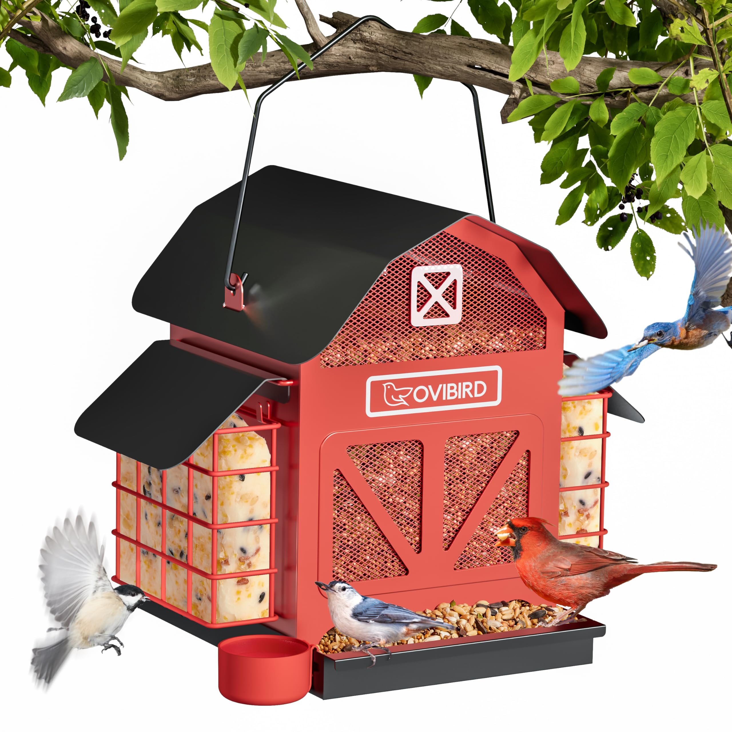 OVIBIRD red barn front view showing full feeder and bright color attracting birds