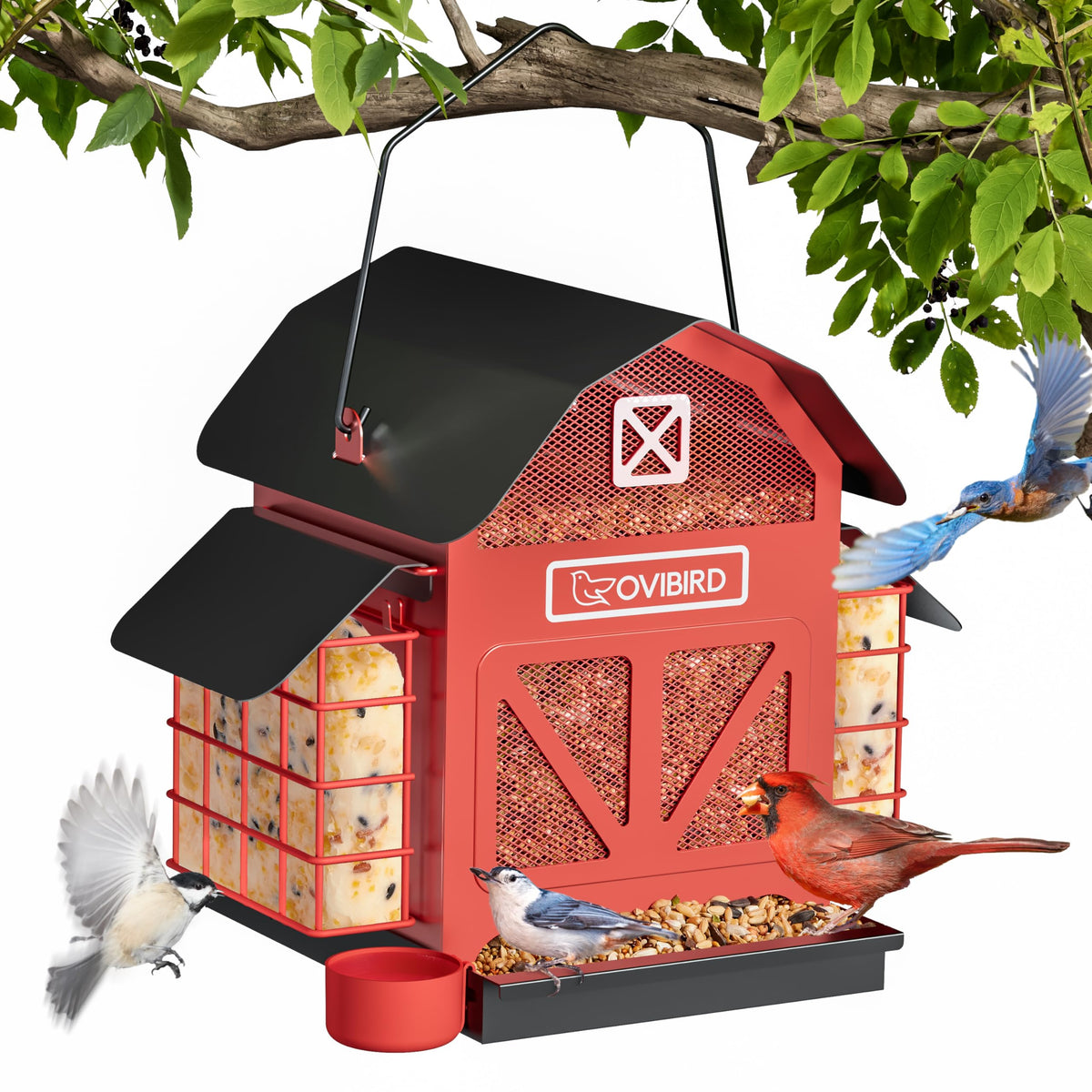 OVIBIRD red barn front view showing full feeder and bright color attracting birds