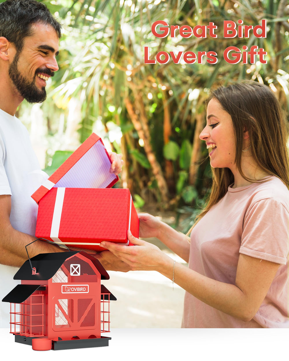 OVIBIRD feeder with a cardinal perched illustrating attraction and viewing enjoyment