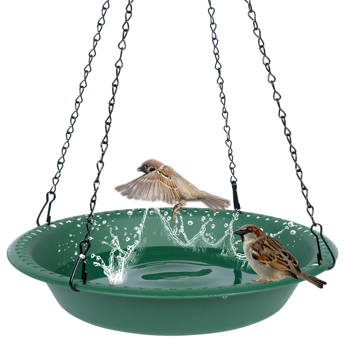 OVZILKI front view of green bird bath showing full bowl and hanging chains, durable appeal
