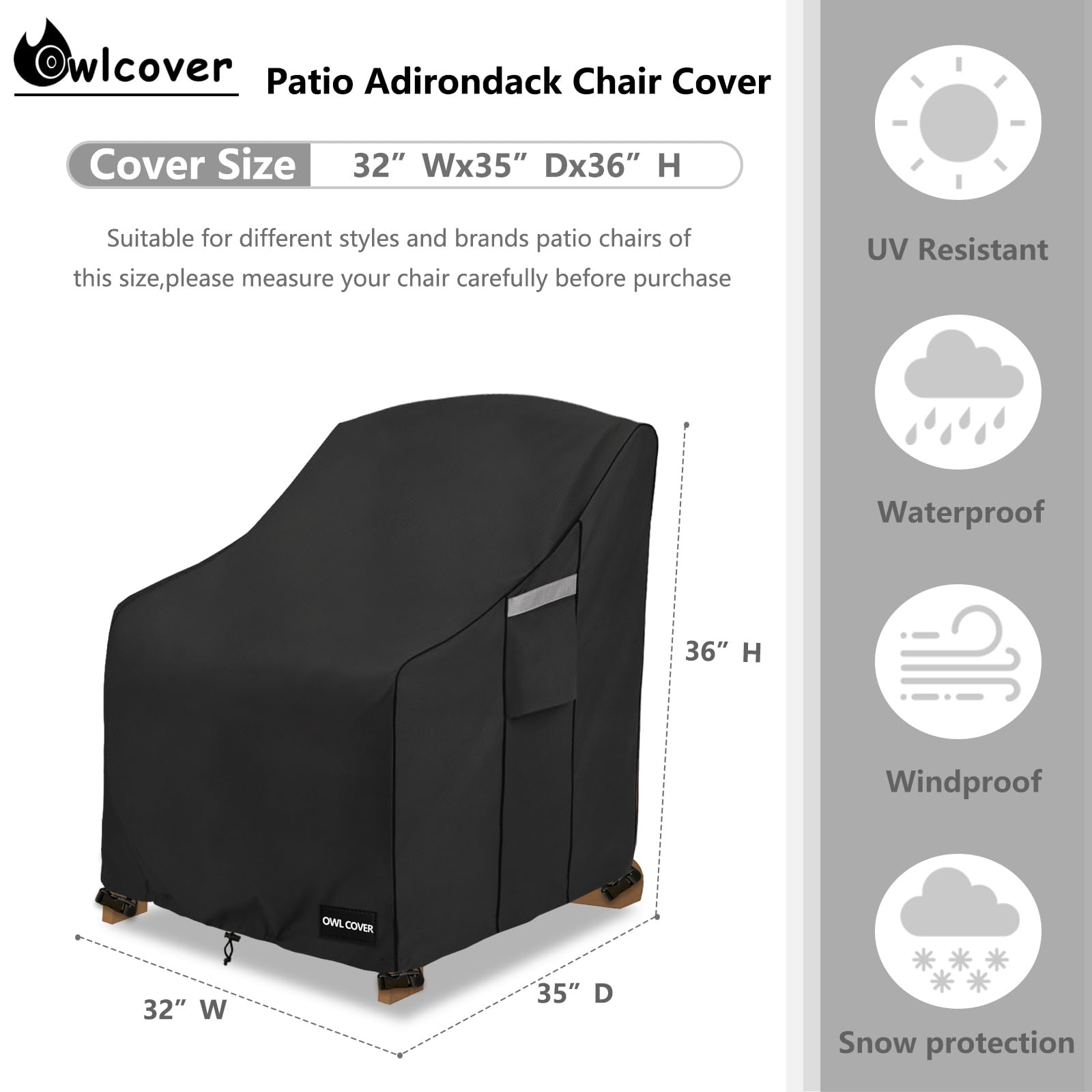 Owlcover rear profile on Adirondack chair demonstrating full back protection