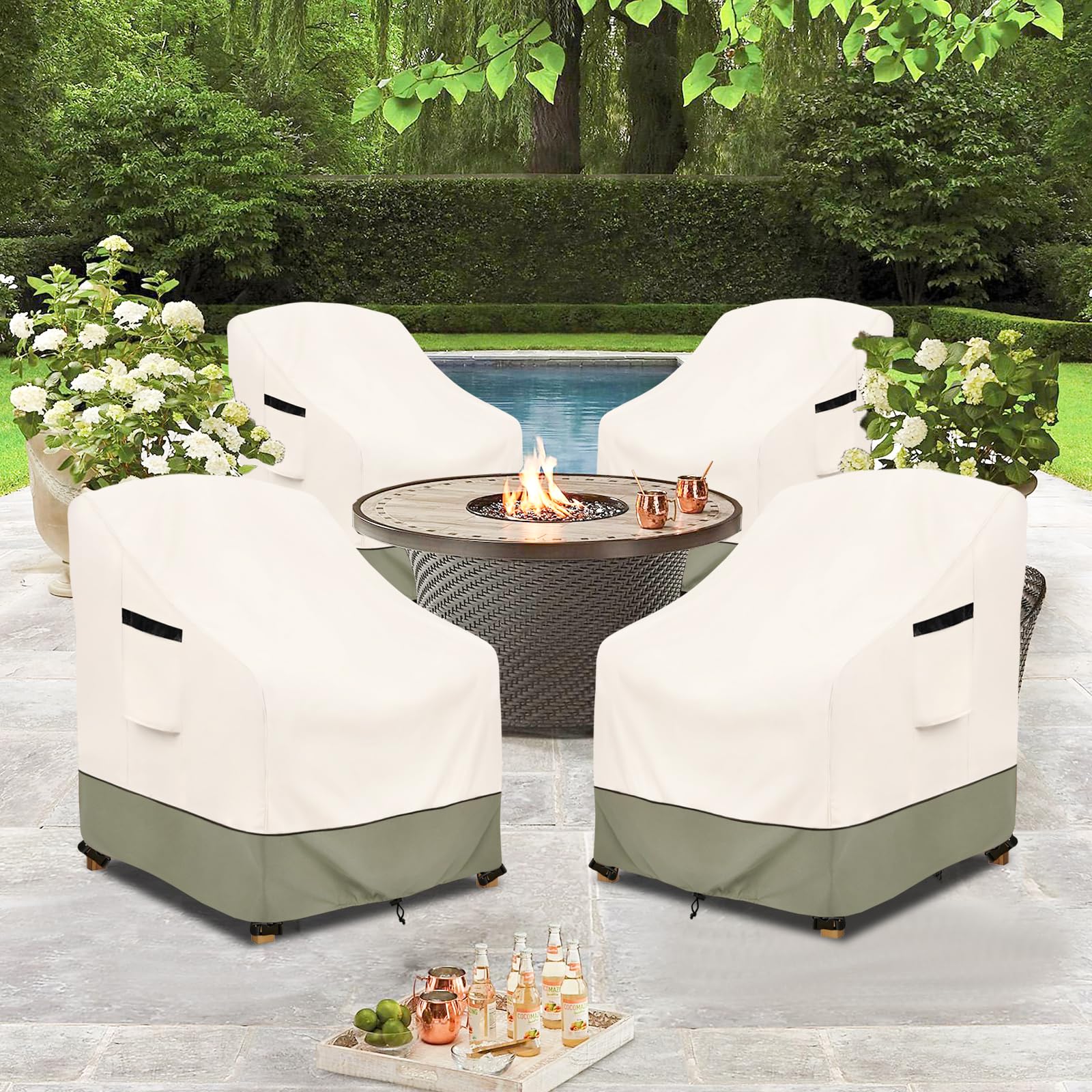 Owlcover covered Adirondack chair in garden protecting from rain