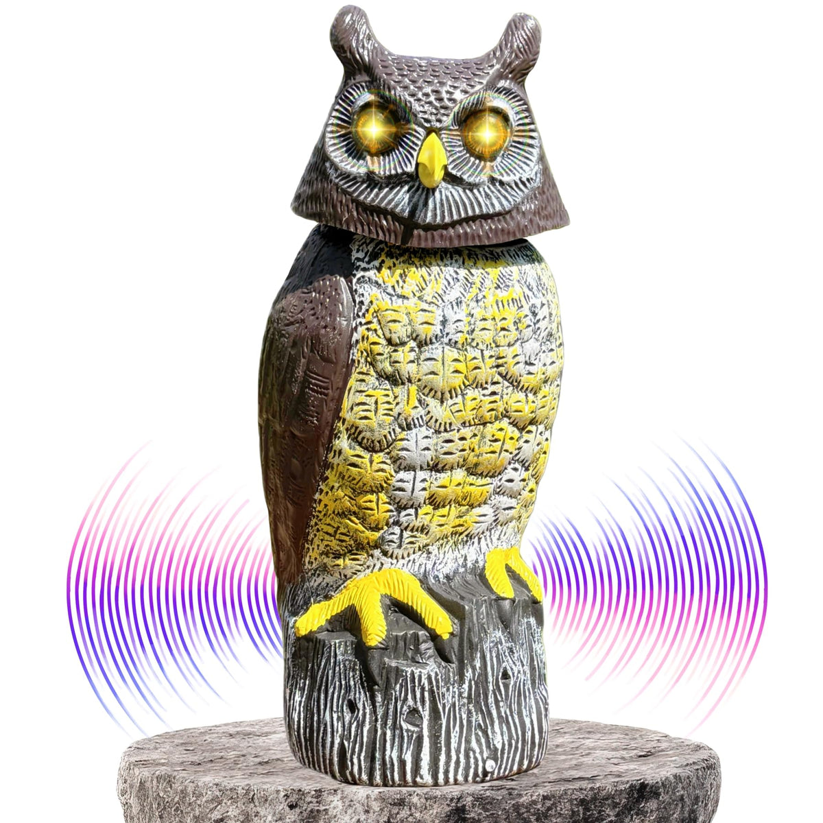 Owlery front view of large owl statue showing realistic posture and presence