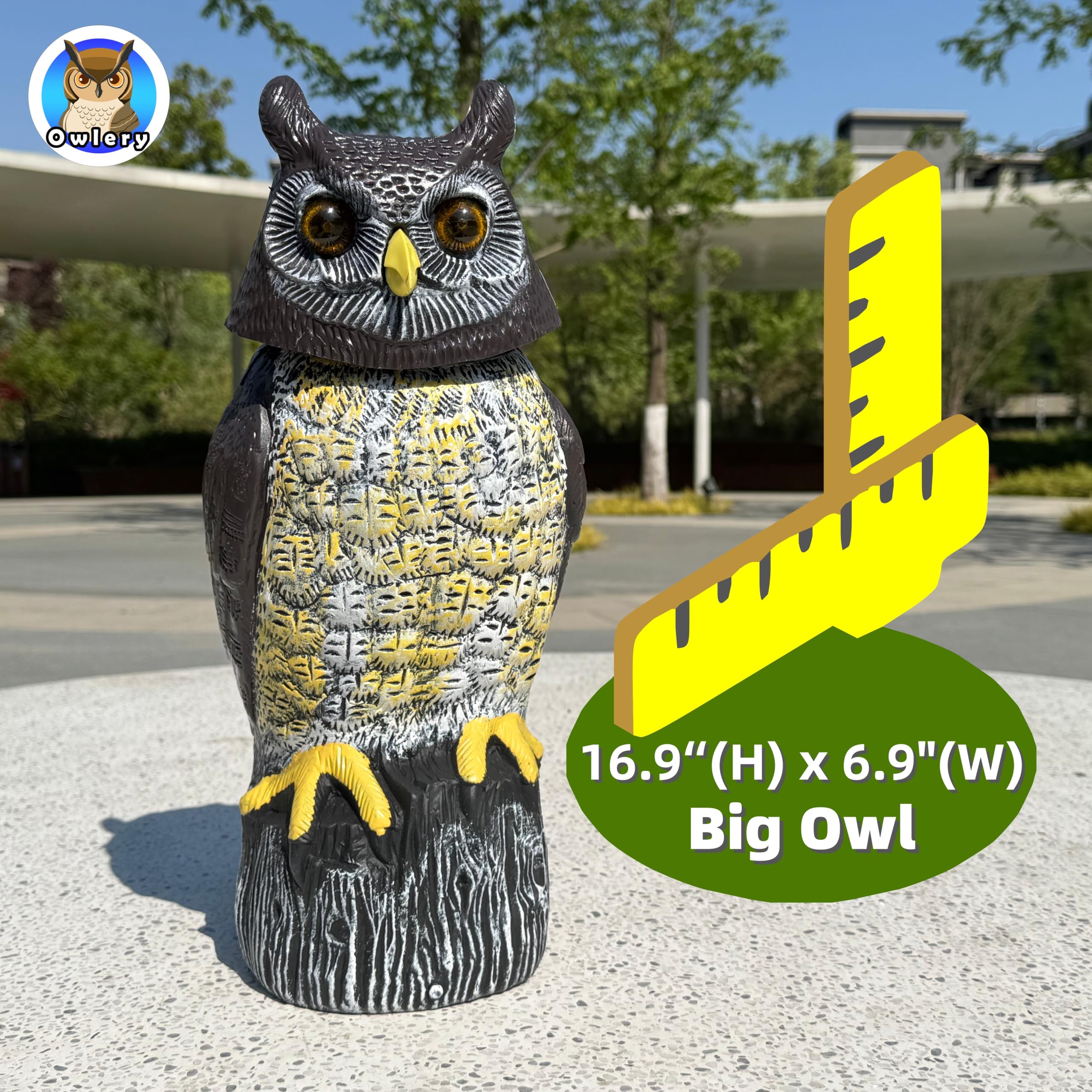 Owlery spinning head action capturing movement that startles pests effectively
