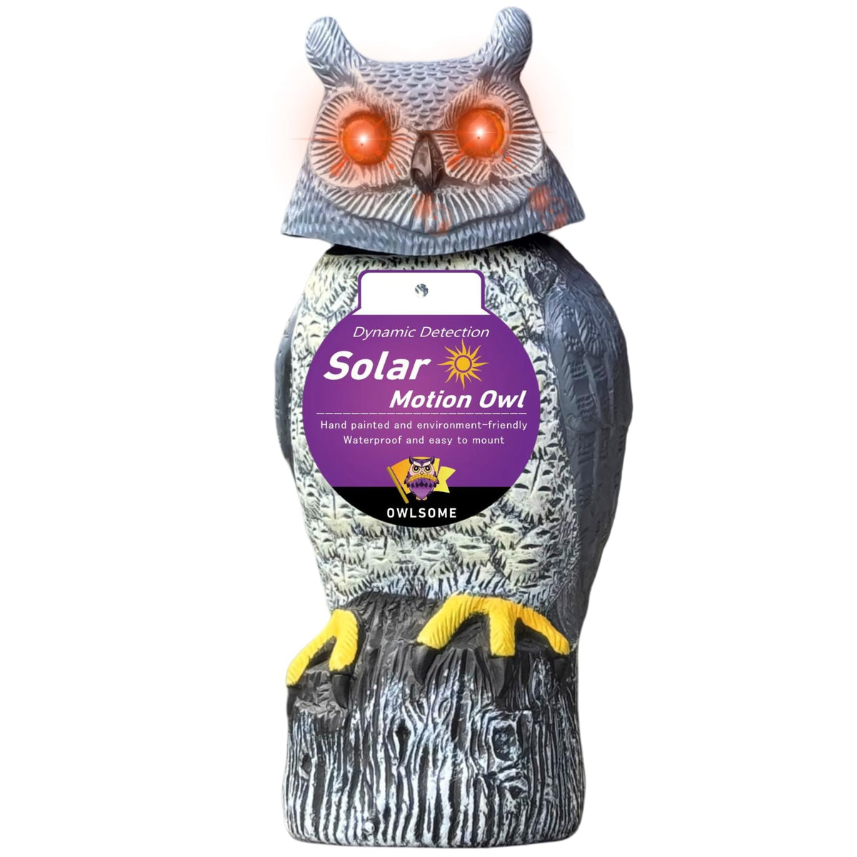 Owlsome front view garden owl showing realistic detail and deterrent benefit
