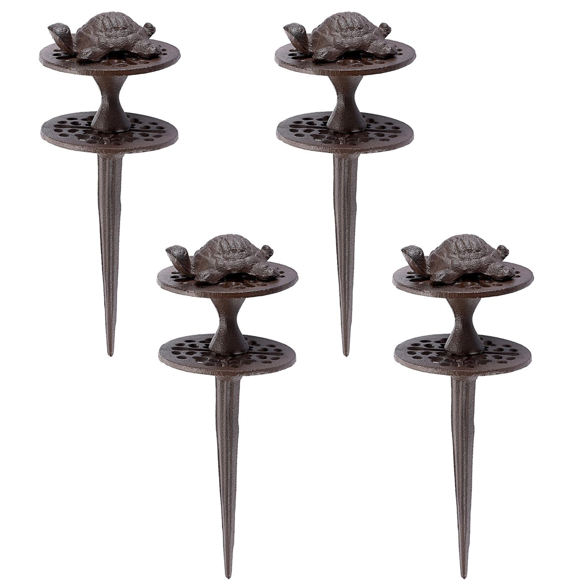 OwnMy front view of four cast iron hose guide stakes showing sturdy design and value