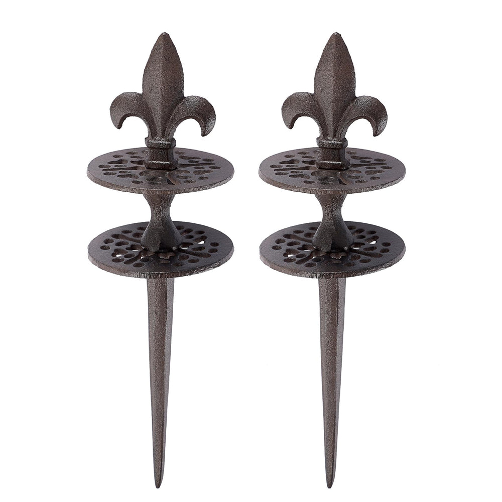 OwnMy front view of two cast iron hose guides showing decorative spear tips and durable build