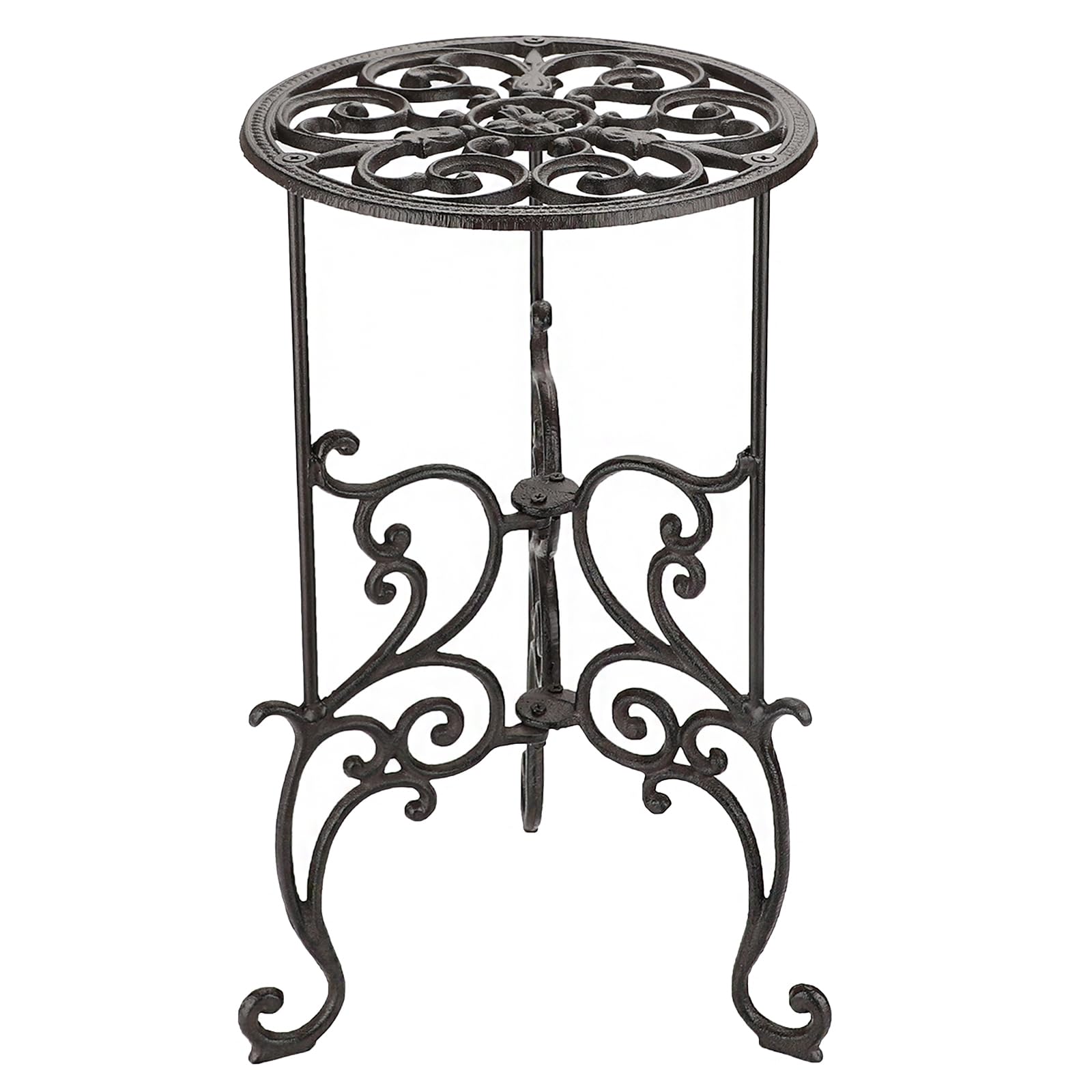 OwnMy front view of cast iron plant stand showing sturdy tripod and vintage pattern benefit display