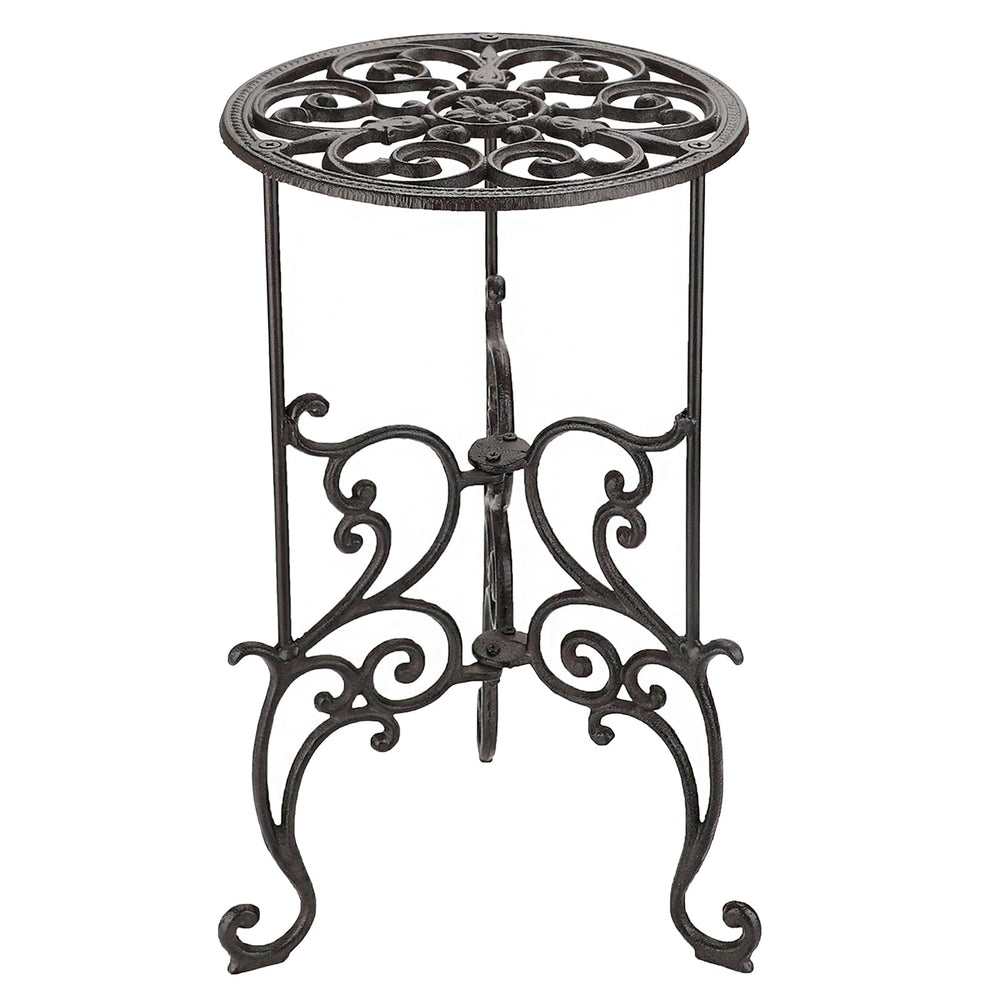 OwnMy front view of cast iron plant stand showing sturdy tripod and vintage pattern benefit display