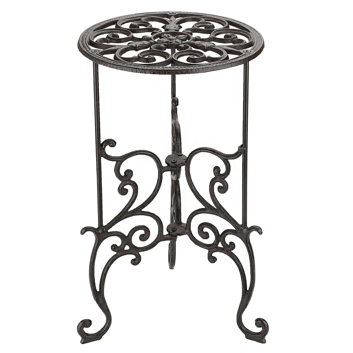 OwnMy front view of cast iron plant stand showing sturdy tripod and vintage pattern benefit display