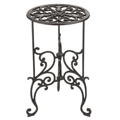 OwnMy front view of cast iron plant stand showing sturdy tripod and vintage pattern benefit display