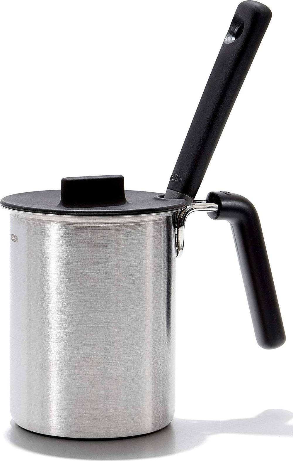 OXO stainless steel basting pot front view showing durable finish and upright stability