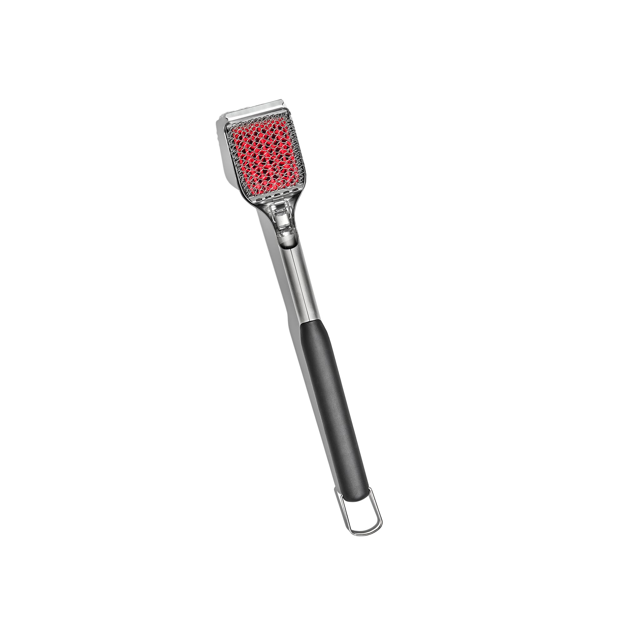 OXO coiled grill brush front angle showing full ergonomics and efficient cleaning