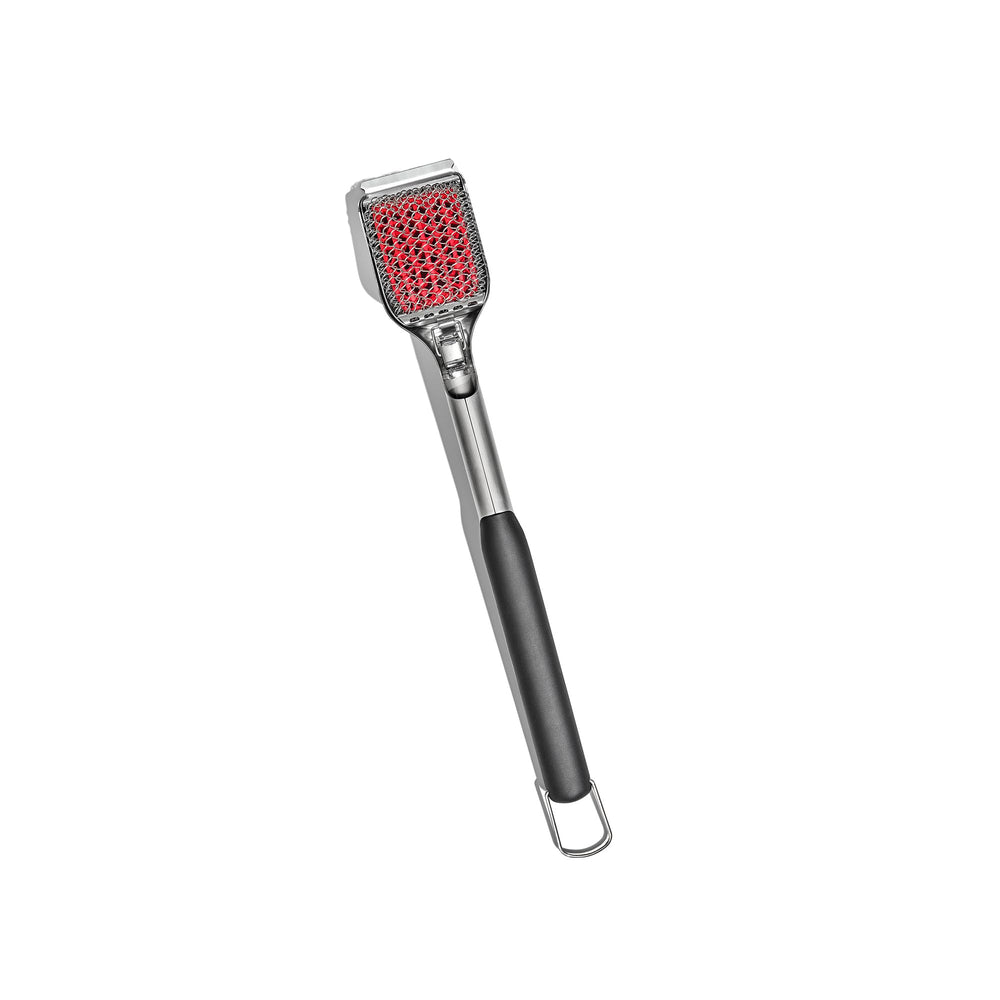OXO coiled grill brush front angle showing full ergonomics and efficient cleaning