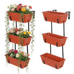 OYEAL front view of brick red railing planter showing tidy planted boxes and benefit of space-saving