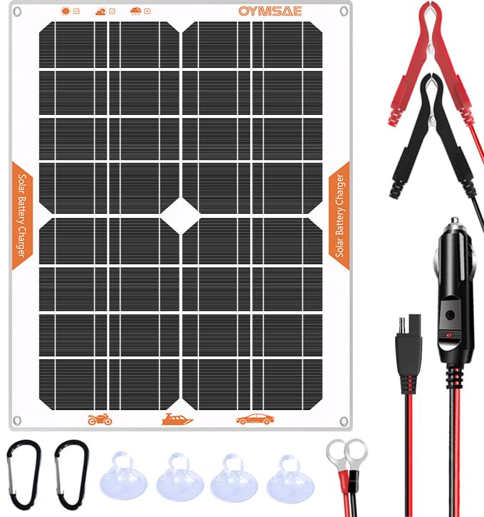 OYMSAE front panel view showing slim solar charger and connectors for convenient installation