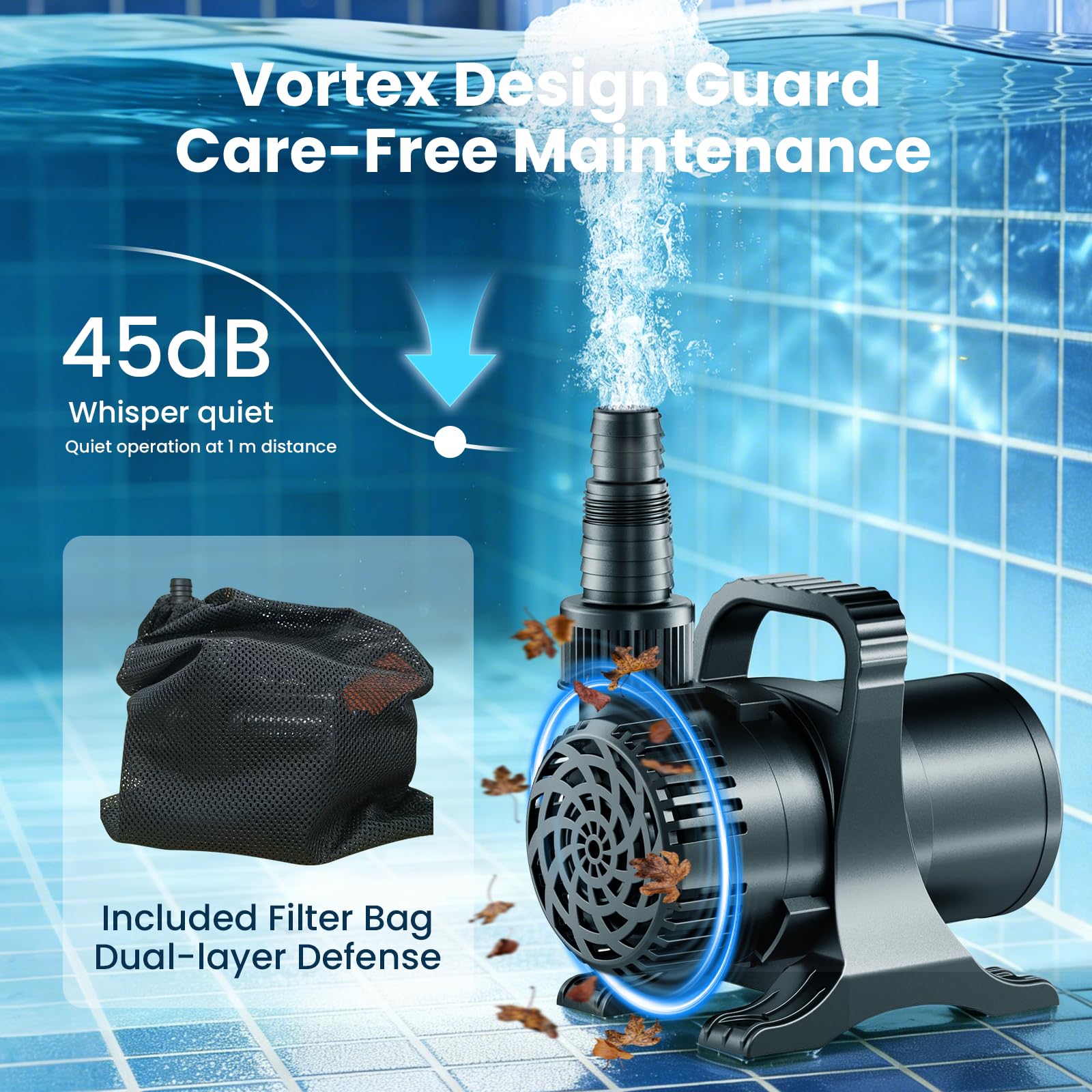 OYO WATER filter bag attached to intake keeping debris out and reducing maintenance