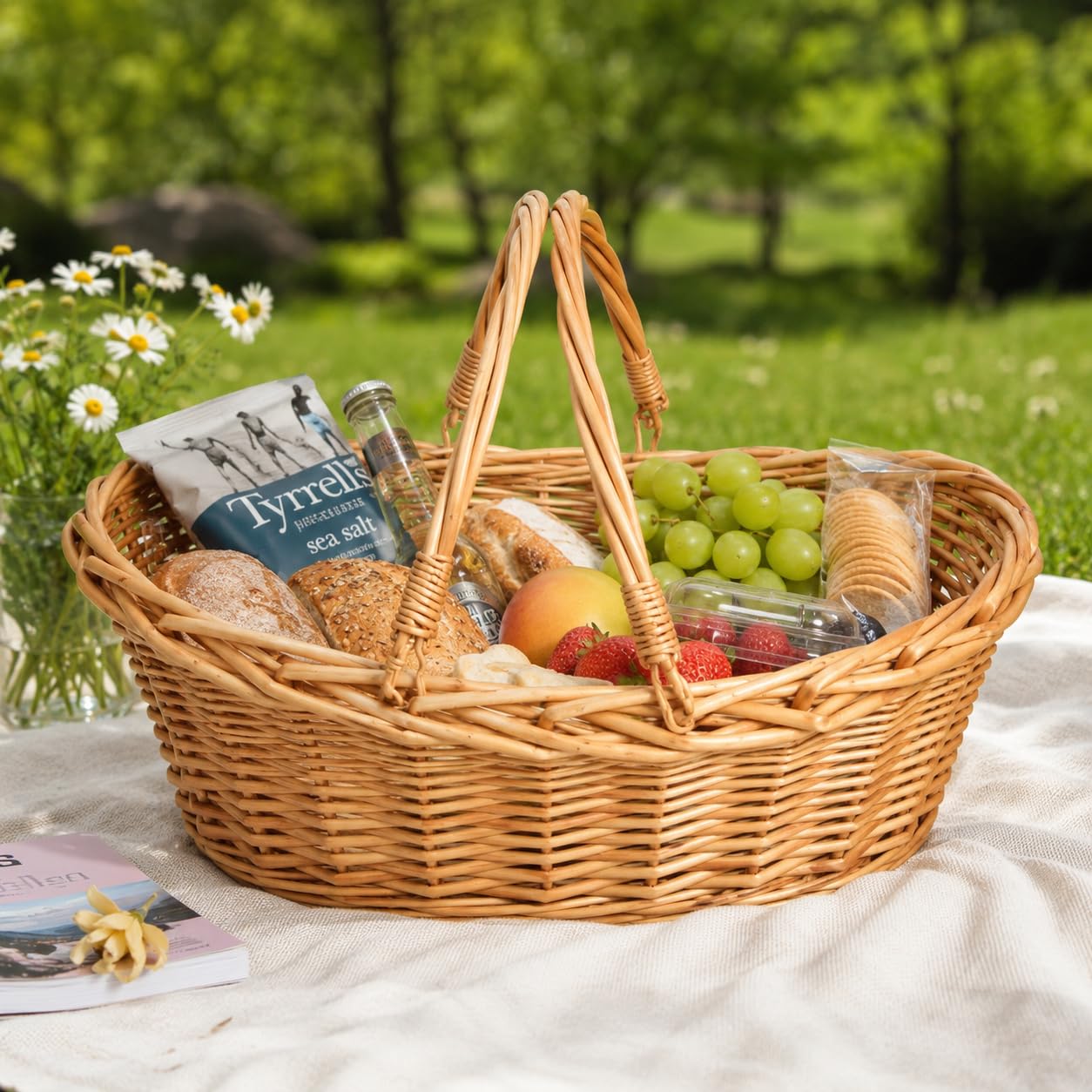OYPEIP picnic scene with basket carrying snacks and linens for convenience