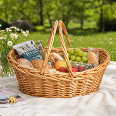 OYPEIP picnic scene with basket carrying snacks and linens for convenience