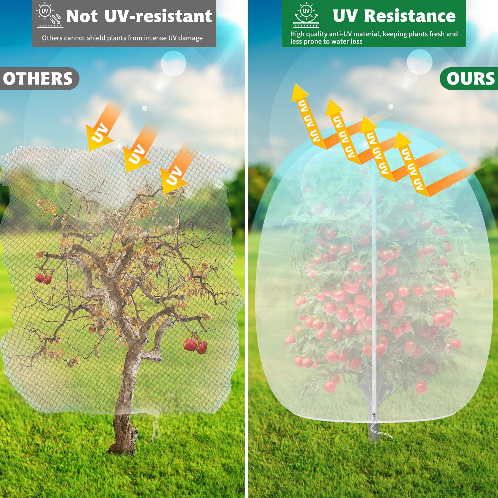 OZMI lifestyle garden setting with nets in use showing neat protection and easy harvest benefit