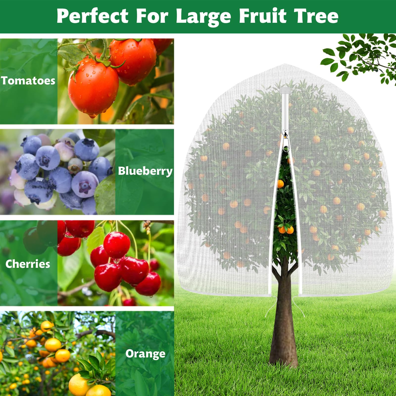 OZMI size scale with ruler showing 8x8 ft coverage for shrubs and small fruit trees benefit