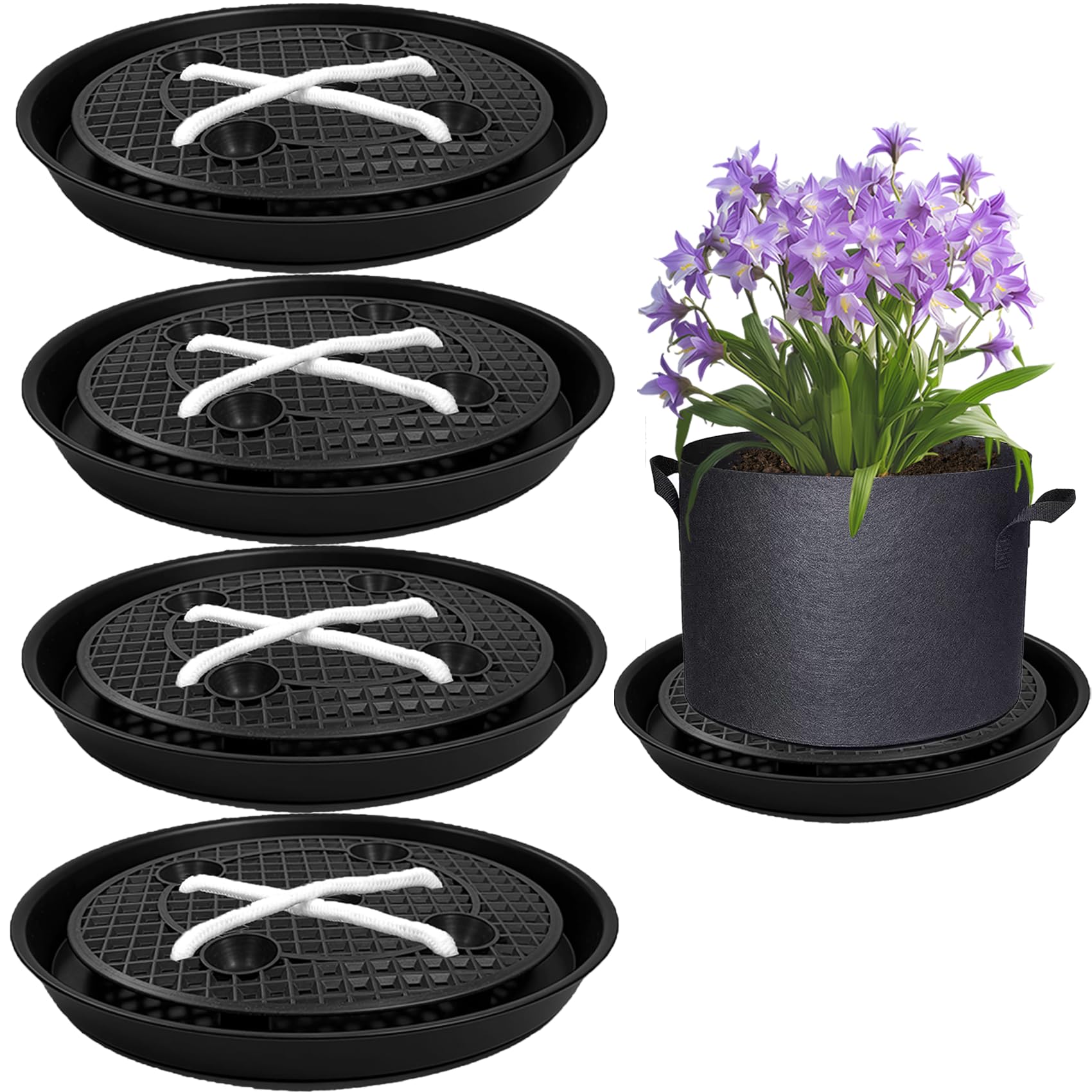 P Polerden front view of 14 inch self watering fabric pot base showing sturdy tray benefit