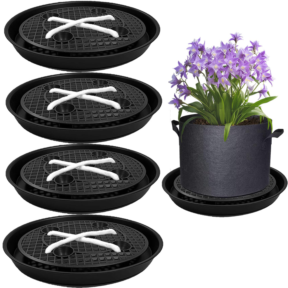 P Polerden front view of 14 inch self watering fabric pot base showing sturdy tray benefit