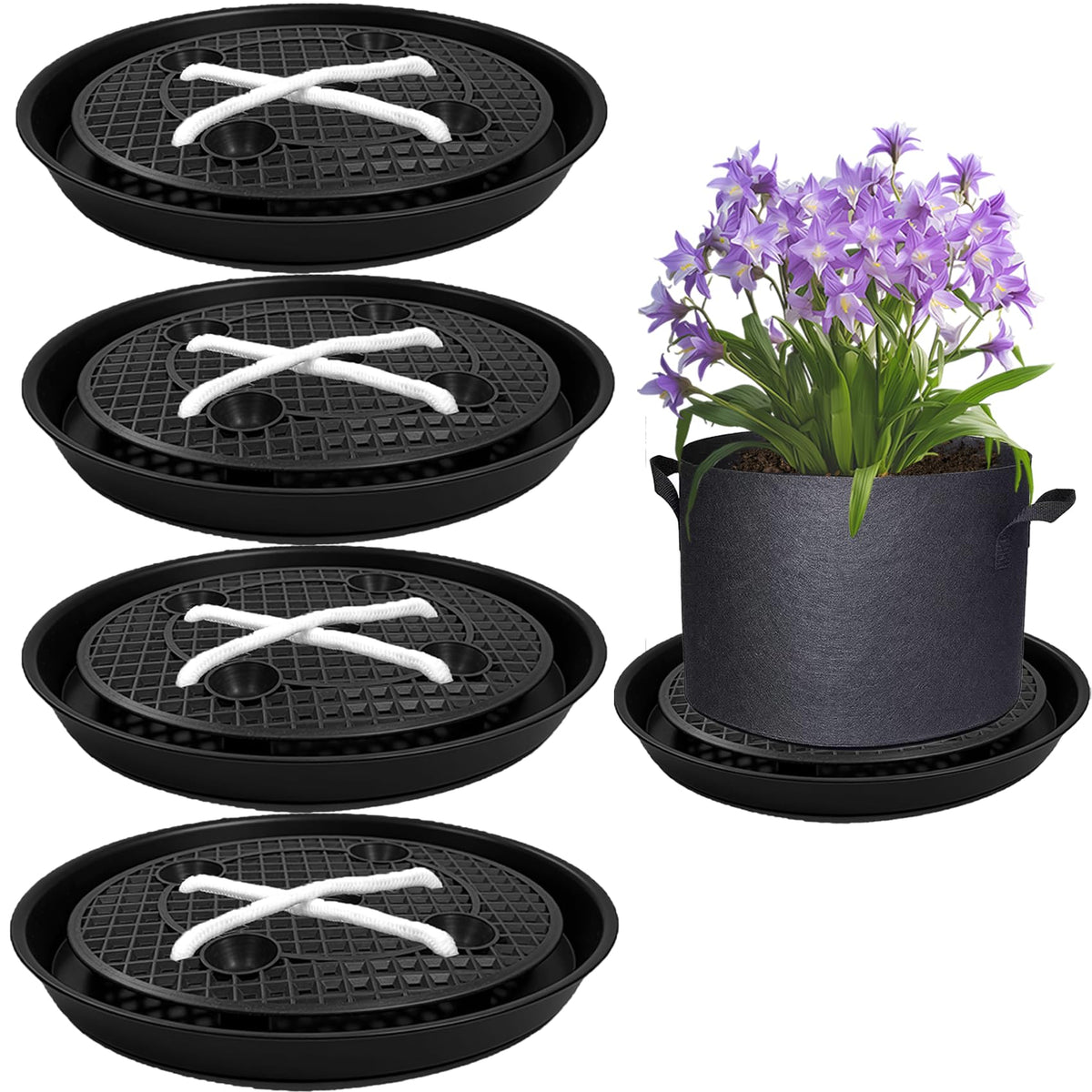 P Polerden front view of 14 inch self watering fabric pot base showing sturdy tray benefit