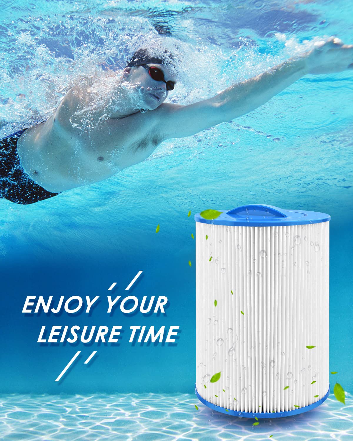 PACETAP filter pictured next to hot tub demonstrating clearer, cleaner water