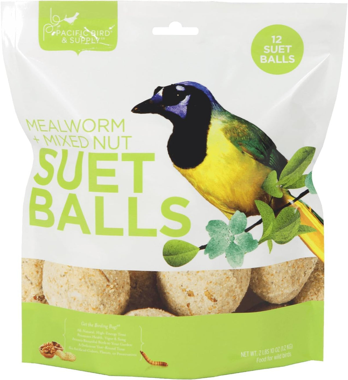 Pacific Bird and Supply Co front packaging showing 12-pack and benefits