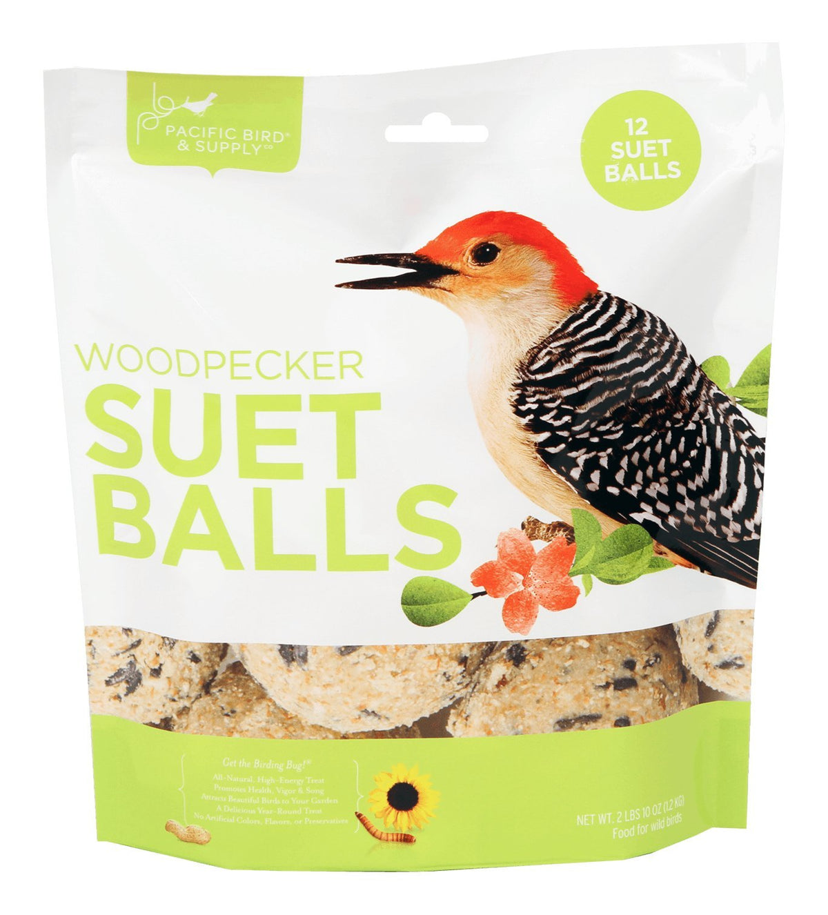 Pacific Bird & Supply Co front packaging showing 12 resealable woodpecker suet balls and benefits